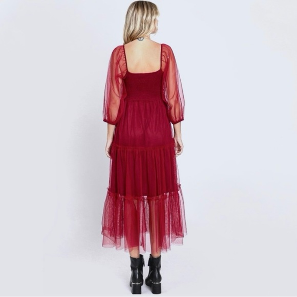 HOLIDAY BALLERINA WINE RED MESH LONG SLEEVE MIDI DRESS - Picture 9 of 9